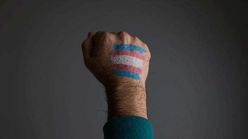 mão com punho estendido e bandeira trans pintada