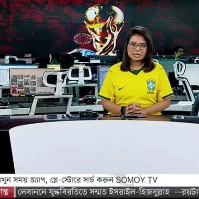 Jornalistas de Bangladesh usam camisa do Brasil para apresentar programas