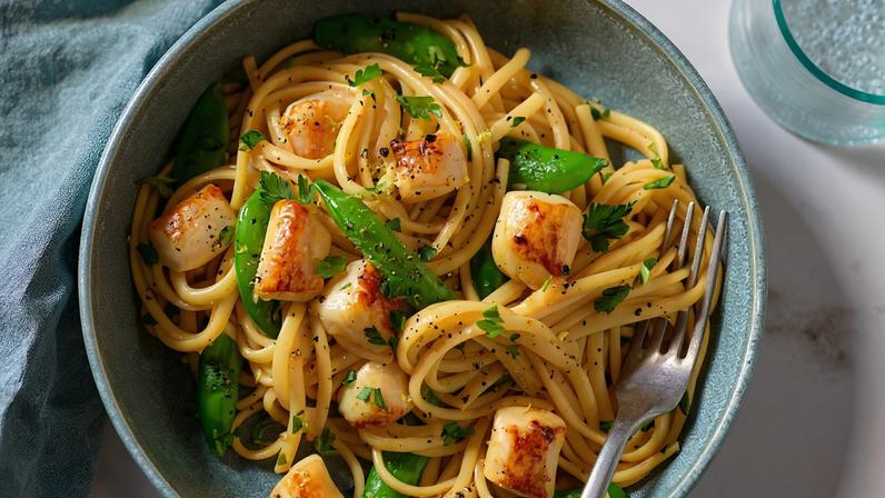 Linguine com vieiras da baía e ervilhas-doces