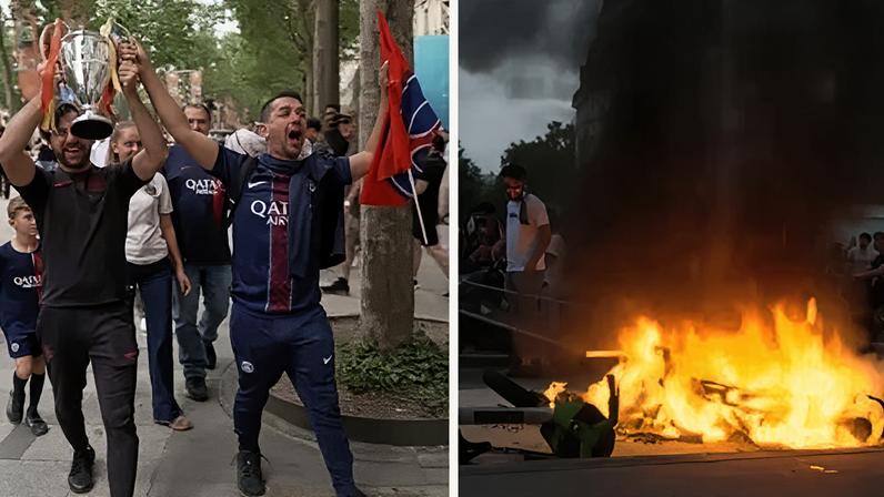 Composite image showing PSG supporters on the left and a fire burning on the right