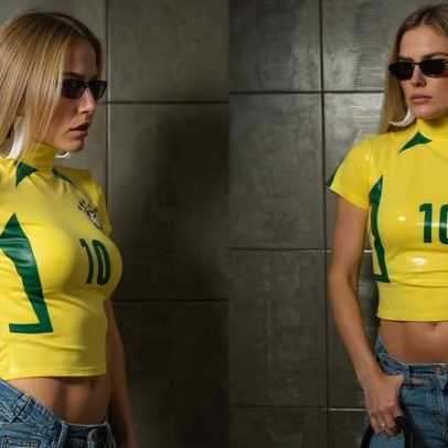 Deborah Secco usa look de torcedora com camisa 10 em látex e bolsa de R$ 65 mil