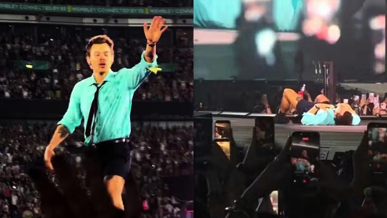 Fãs registram momento em que Harry Styles tem mal súbito por engasgo durante show — Foto: Reprodução/Instagram