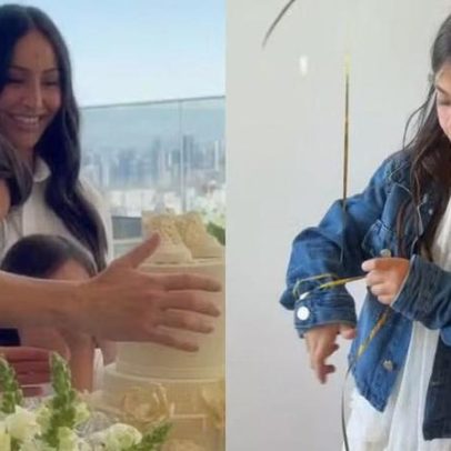 Grávida Sabrina Sato mostra filha Zoe vestida de azul no chá revelação