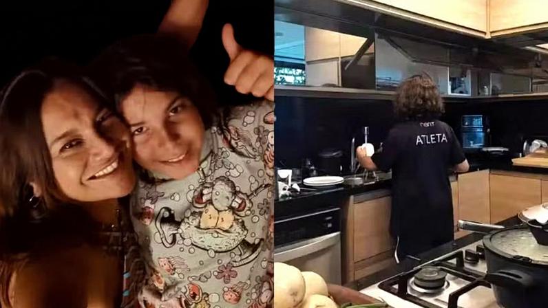 Dira Paes mostra filho caçula lavando a louça e brinca: 'Falta aprender a não gastar tanta água'