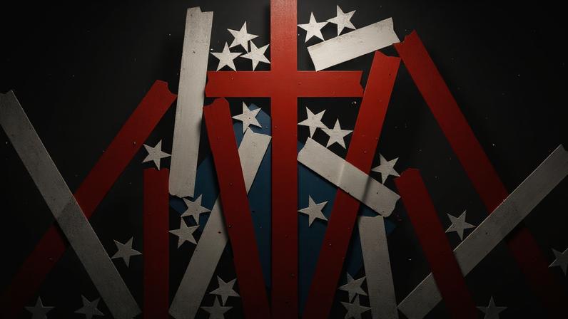 A stylized illustration of a Christian cross over a deconstructed American flag.