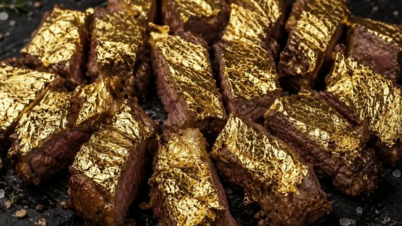 Na imagem, pedaços de carne folhados a ouro