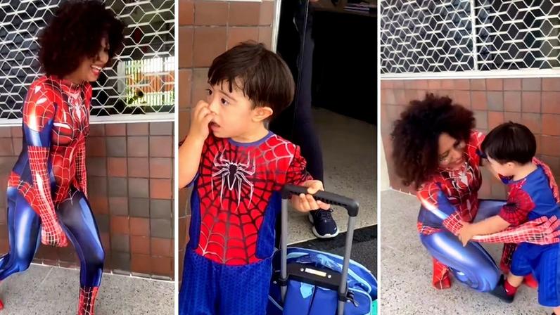 Vicente se emocionou ao ver a babá, Binaia, vestida d Homem-Aranha, seu super-herói favorito — Foto: Reprodução/ Instagram