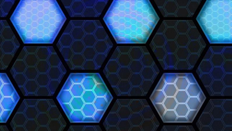 Padrão hexagonal digital azul com algumas células iluminadas.