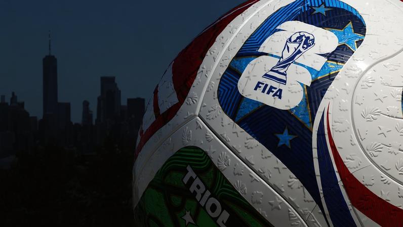 FILE PHOTO: A blow up soccer ball of the Trionda, the official match ball of the FIFA World Cup 2026, stands during a press conference announcing an official fan zone for the area in New York City, U.S., April 27, 2026. REUTERS/Shannon Stapleton/File Photo