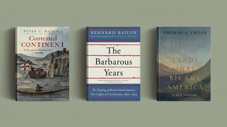 Three books on a green background.