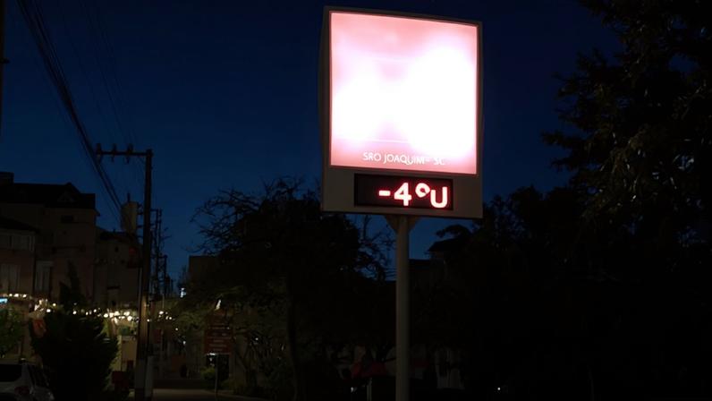 Geada cobre áreas de São Joaquim, na Serra Catarinense, durante madrugada de frio intenso, quando os termômetros registraram temperatura mínima de -4°C