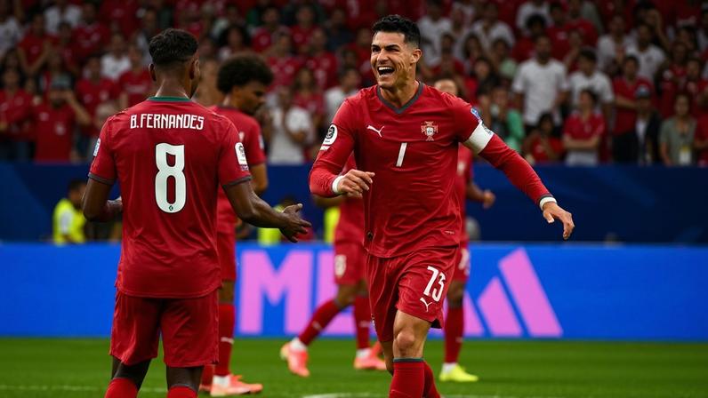 Bruno Fernandes e Cristiano Ronaldo em campo durante partida contra Uzbequistão