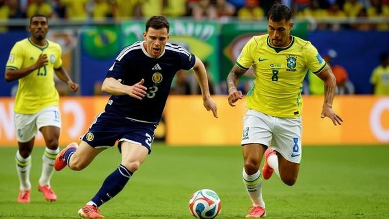 Bruno Guimarães em ação durante Escócia x Brasil, jogo da Copa do Mundo