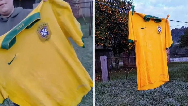Camisa da Seleção Brasileira congelou após passar a noite no varal no Rio Grande do Sul
