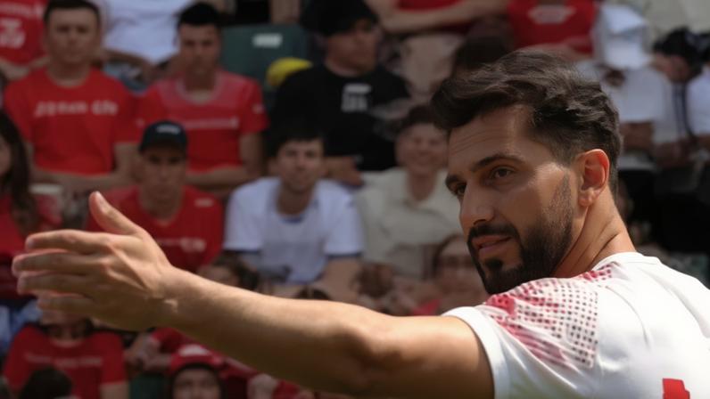 Mousa Al-Tamari incentiva os jogadores da Jordânia a adiantarem a marcação — Foto: Reprodução