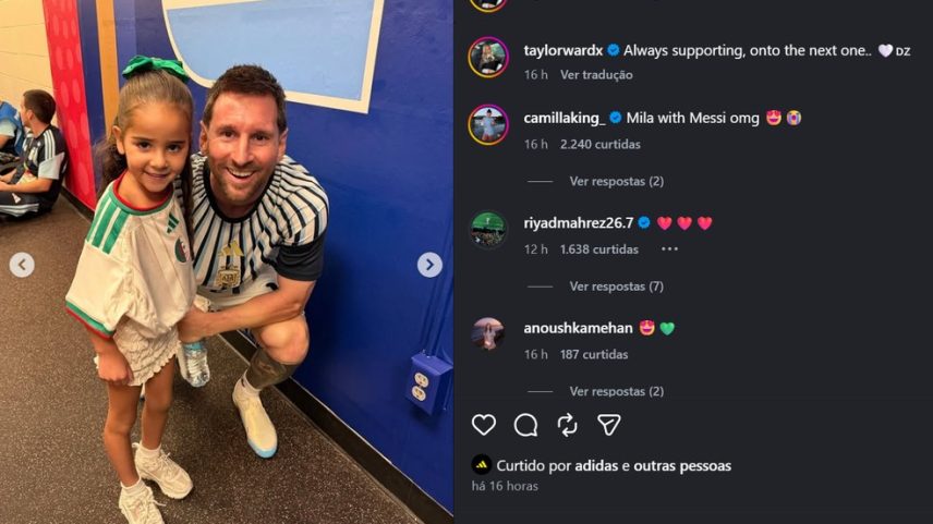 Filha de Mahrez posa com Lionel Messi em jogo da Argélia com Argentina — Foto: @taylorwardx