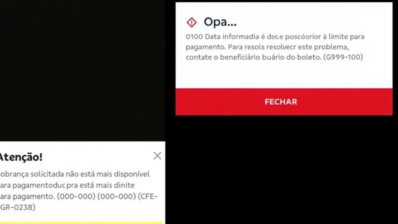 Capturas de tela mostram impossibilidade de pagar boleto ou QR code de PIX — Foto: Reprodução/Redes sociais