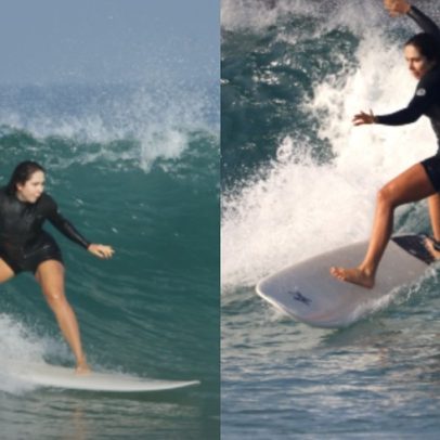 Carolina Portaluppi demonstra habilidade no surf; estava com saudade