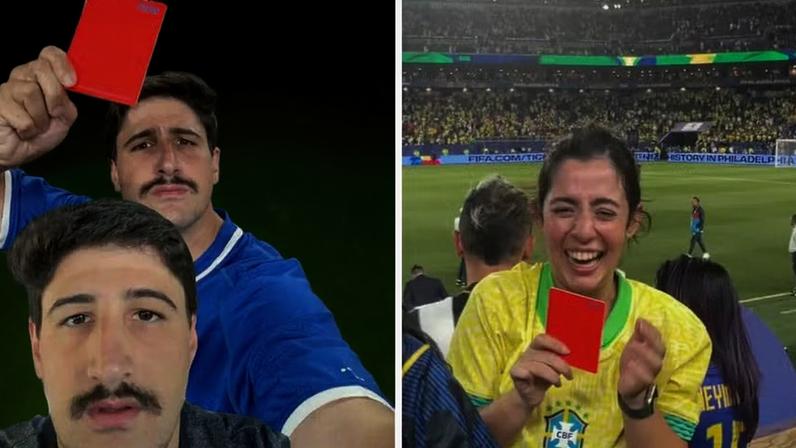 Árbitro suíço dá cartões para casal na torcida do jogo do Brasil — Foto: Reprodução/Redes sociais