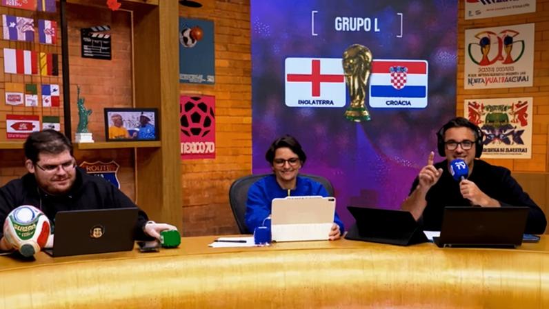Casimiro, Ju Cabral e Fernando Nardini durante transmissão da Copa do Mundo na CazéTV