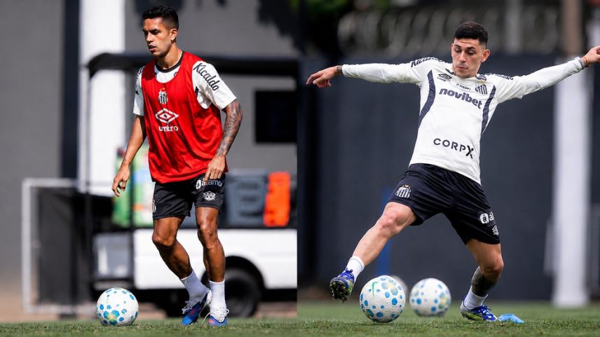 Igor Vinícius e Escobar durante treino do Santos — Foto: Raul Baretta/Santos FC