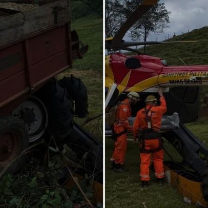 Homem perde controle de trator, cai em barranco e é resgatado pelos Bombeiros MG