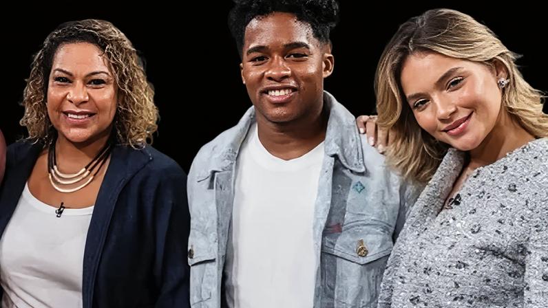 Cíntia Ramos com Endrick e Gabriely Miranda no "Conversa com Bial"