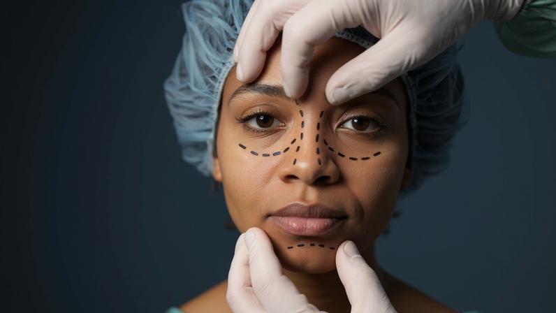 Mulher com rosto marcado para cirurgia plástica - Metrópoles