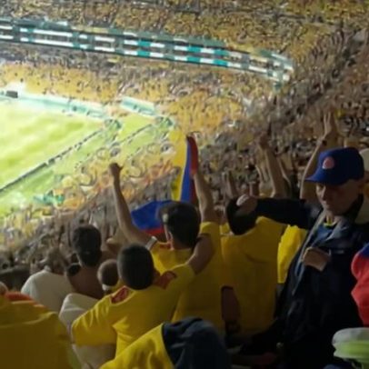 Torcedores colombianos rolam cadeiras durante comemoração de gol