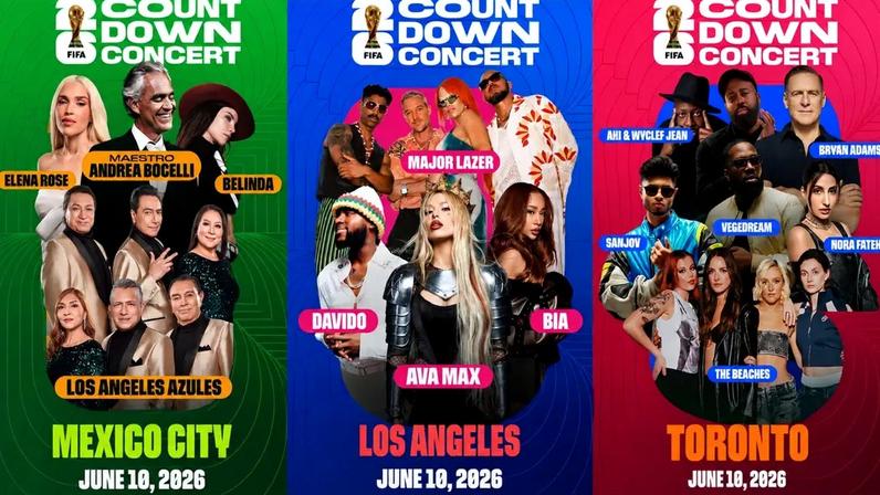 Três painéis verticais com artistas anunciados para o FIFA Countdown Concert em 10 de junho de 2026. O painel verde, para a Cidade do México, mostra Andrea Bocelli, Elena Rose, Belinda, Los Ángeles Azules e outros. O painel azul, para Los Angeles, destaca Major Lazer, Davido, Ava Max e Bia. O painel vermelho, para Toronto, apresenta Ahi & Wyclef Jean, Bryan Adams, Vegedream, Nora Fatehi, Sanjov, The Beaches e outros