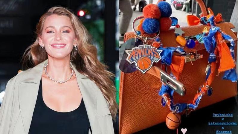 Blake Lively personaliza bolsa Hermès de luxo com as cores dos Knicks para as finais da NBA — Foto: Getty Images e Reprodução/Instagram