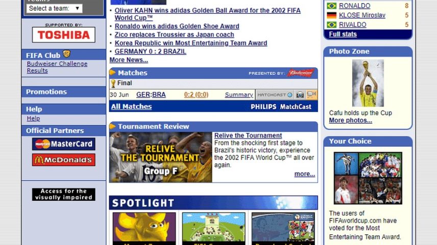 Print do site oficial da FIFA na final da Copa do Mundo 2002 — Foto: Reprodução/X