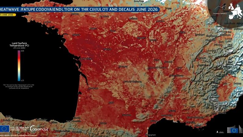 Dados do Sentinel-3 do CopernicusEU de 23 de junho mostram temperaturas da superfície terrestre superiores a 50°C em partes da Europa — Foto: Divulgação/Copernicus