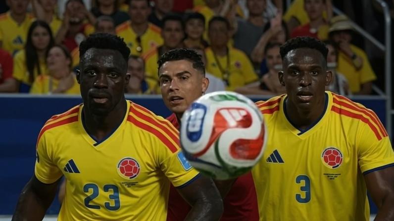 Cristiano Ronaldo encara a marcação dos colombianos em Portugal x Colômbia na Copa do Mundo
