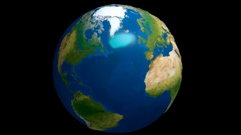 Alterações na Circulação Meridional de Revolvimento do Atlântico (AMOC) podem ser responsáveis ​​pela 'mancha fria' (azul claro), uma área de água excepcionalmente fria no Atlântico Norte