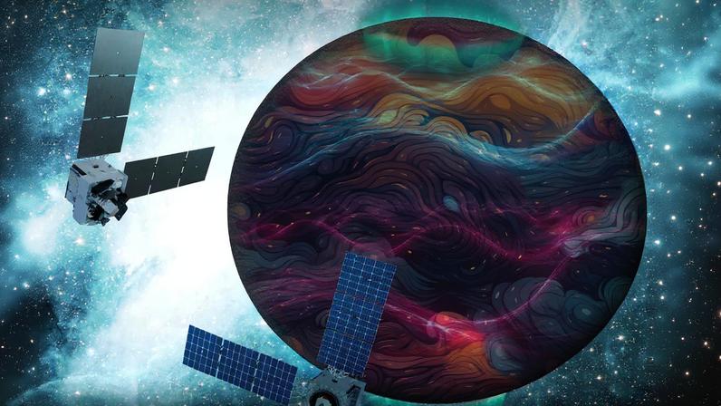 Artist’s rendition of the DAPHNE (Dynamic Atmosphere-Ionosphere Explorer) mission concept. The coloring represents auroras and atmospheric waves in Earth’s atmosphere.
