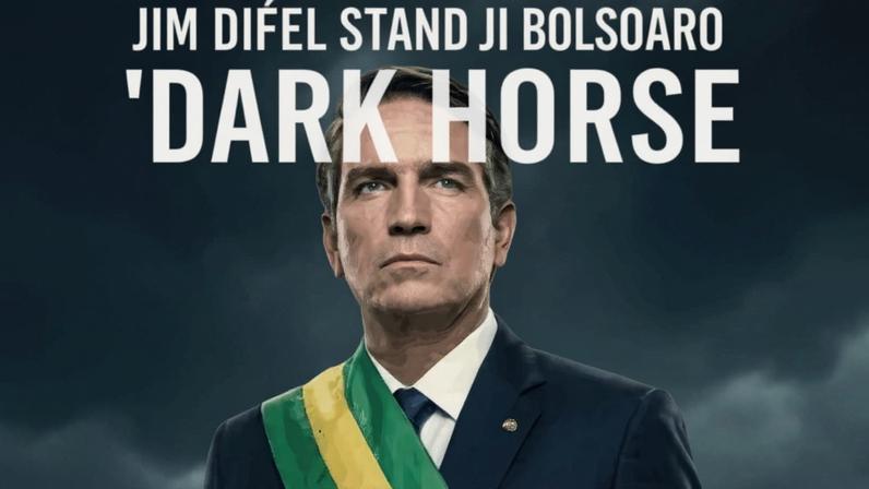 Na imagem, o cartaz de "Dark Horse", filme que narra a vida de Jair Bolsonaro; o ator Jim Caviezel interpreta o ex-presidente