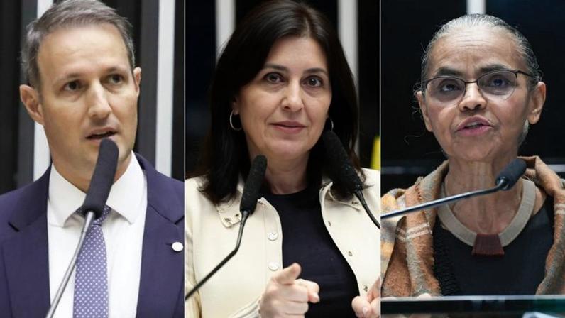 Na imagem, da esquerda para a direita: Guilherme Derrite, Simone Tebet e Marina Silva