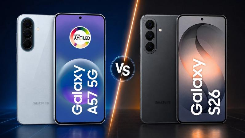 Galaxy A57 e Galaxy S26 representam propostas diferentes no catálogo da Samsung: custo-benefício de um lado e desempenho premium do outro — Foto: Arte/TechTudo