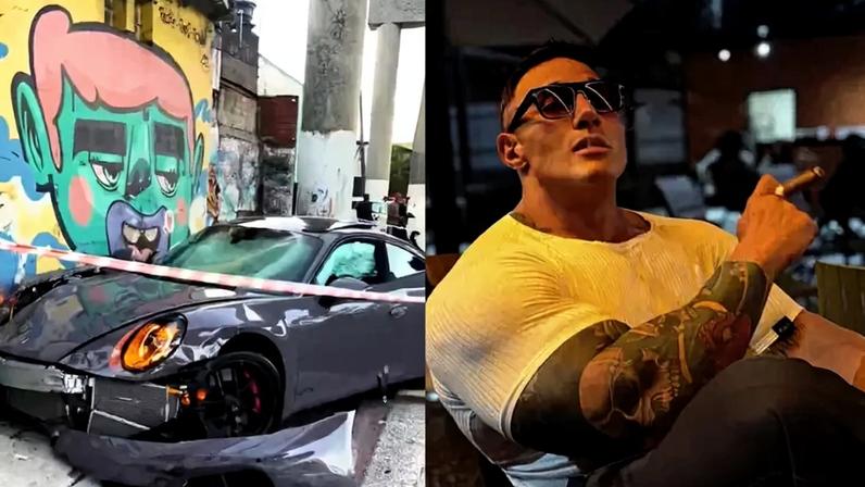 Influenciador Fábio Giga perde controle de Porsche e atinge motos em SP