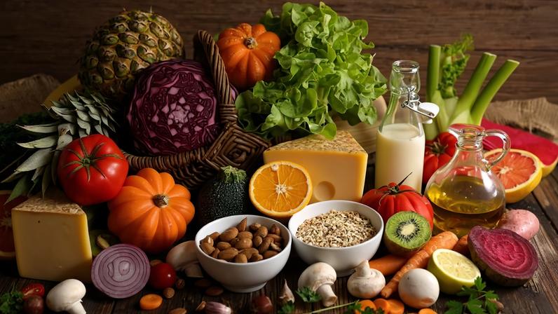 Imagem mostra uma diversidade de alimentos saudáveis incluindo frutas, hortaliças, leite e oleaginosas - Metrópoles