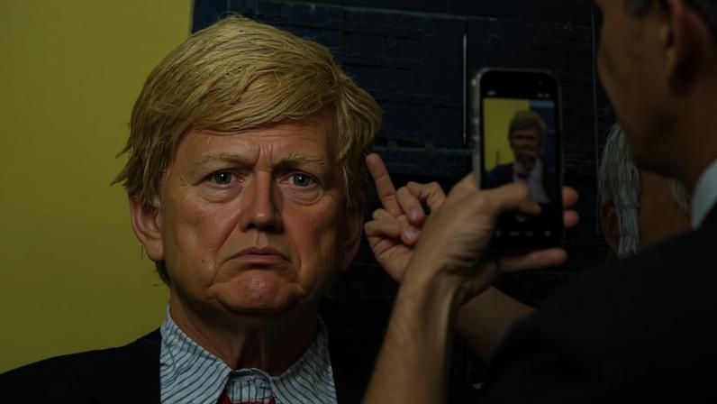 Homem faz gesto obsceno contra 'bonecão de Olinda' de Donald Trump, presidente dos EUA, durante o tradicional Carnaval da cidade pernambucana (Pedro Vilela/Getty Images)