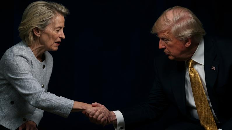 A presidente da Comissão Europeia, Ursula von der Leyen, e o presidente dos Estados Unidos, Donald Trump, durante encontro na Escócia em 27 de julho de 2025