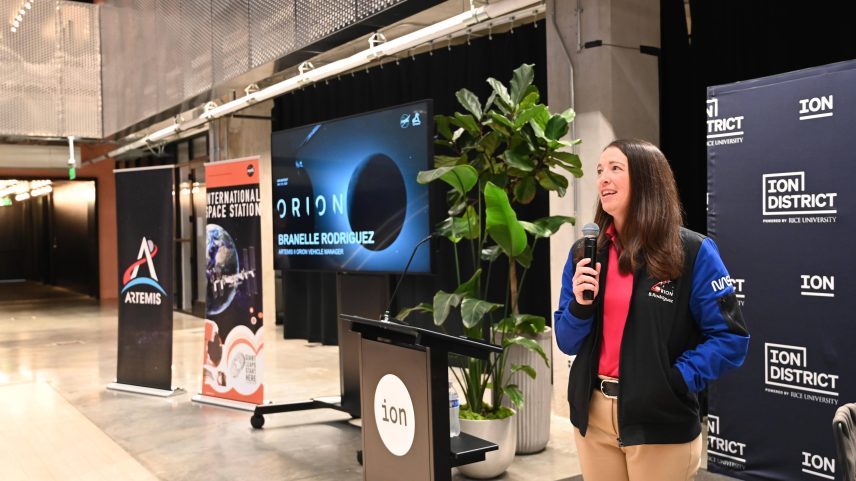 Artemis II Orion Vehicle Manager Branelle Rodriguez speaks at the Ion in Houston on May 28, 2026.
