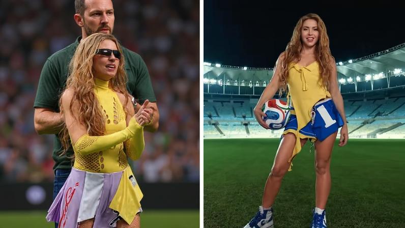 À esquerda, Shakira na abertura da Copa do Mundo, com uma peça assinada pela Off-White