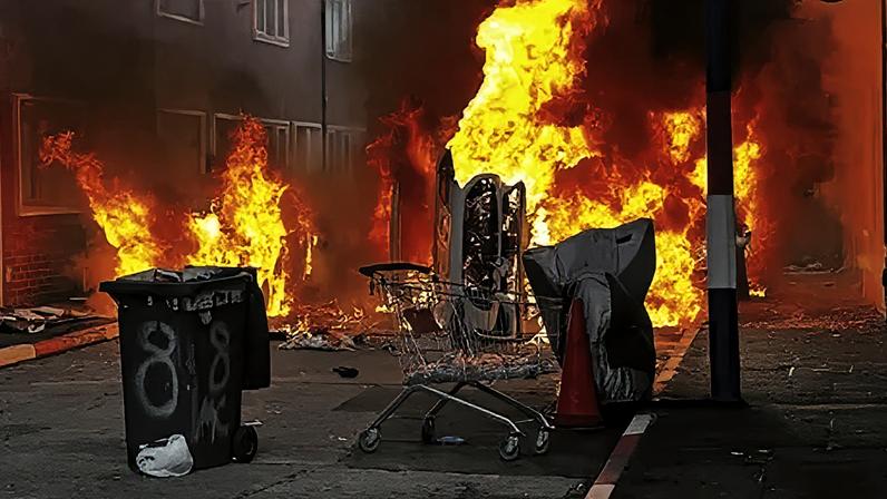 PA Media A wheelie bin and a trolley and a car are all on fire on a street. The kerb stones are painted red, white and blue.