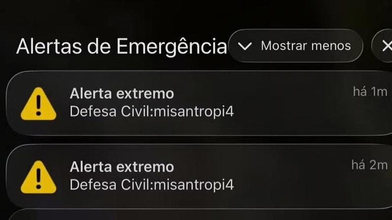 Morador do Rio de Janeiro mostra alerta extremo recebido no celular com a palavra “misantropia” — Foto: Reprodução
