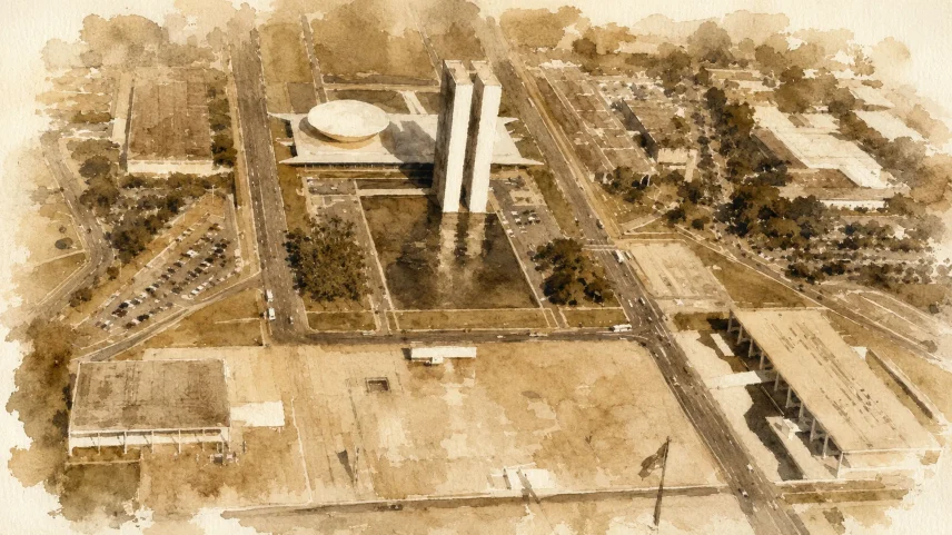 Vista aérea da Praça dos Três Poderes, em Brasília. (Foto: ChatGPT sobre foto de Geraldo Majela/Agência Senado)