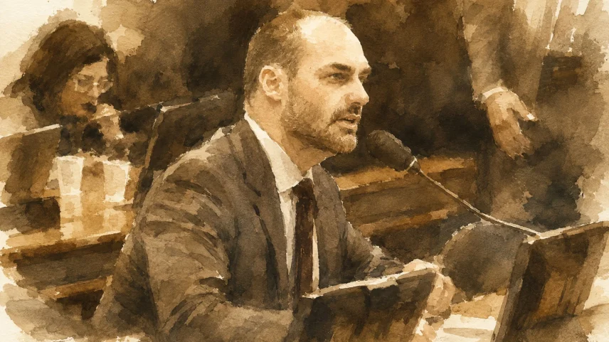 O ex-deputado Eduardo Bolsonaro foi condenado pelo STF por "coação no curso do processo". (Foto: ChatGPT sobre foto de Vinicius Loures/Câmara dos Deputados)