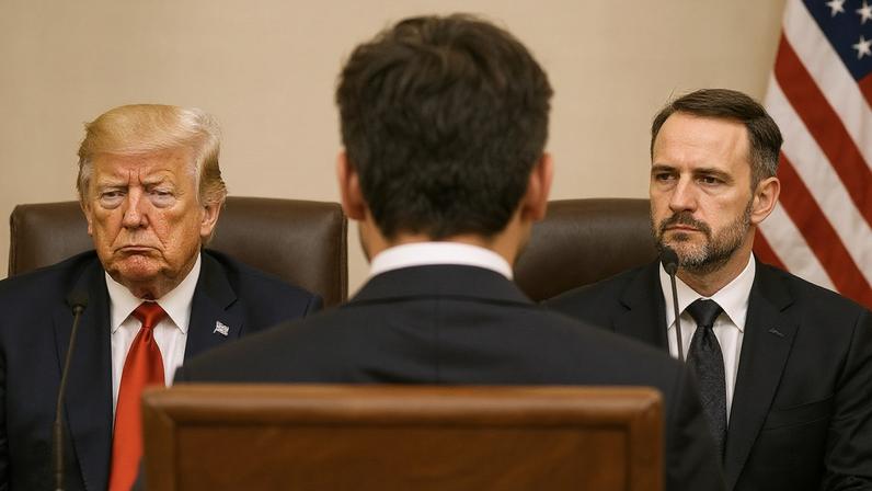 O presidente norte-americano, Donald Trump, e o representante de Comércio dos Estados Unidos, Jamieson Greer. (Foto: ChatGPT sobre foto de Will Oliver/EFE/EPA/Pool)